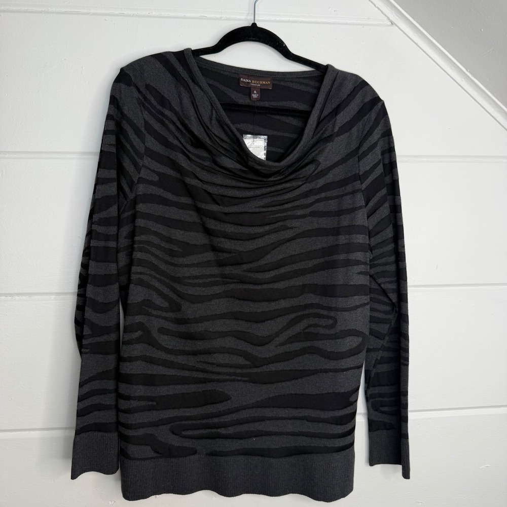 Dana Buchman Signature Zebra Print Cowl Neck Sweater XL Grey Black Y2K Animal - Picture 10 of 10